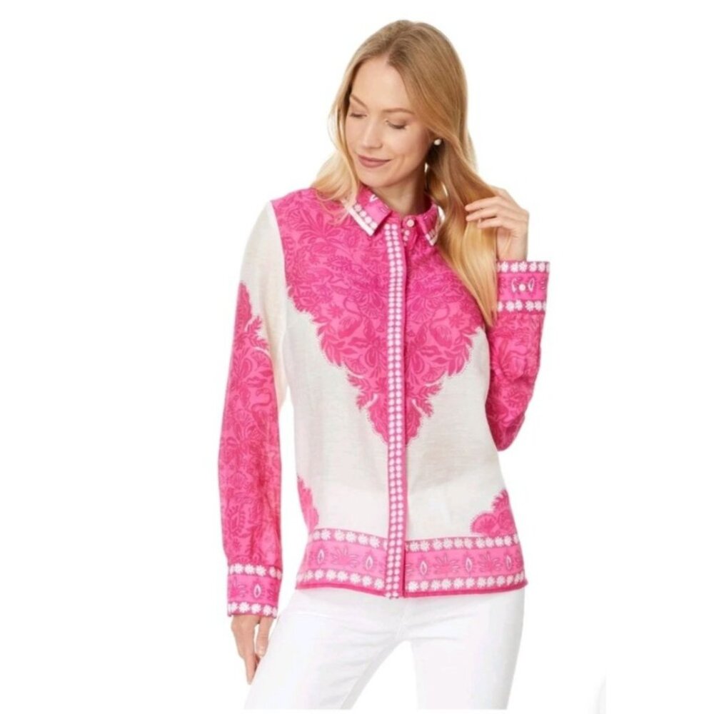 Lilly Pulitzer Kiran Button-Down Top Jungle Escape Sz L Pink & White Resortwear